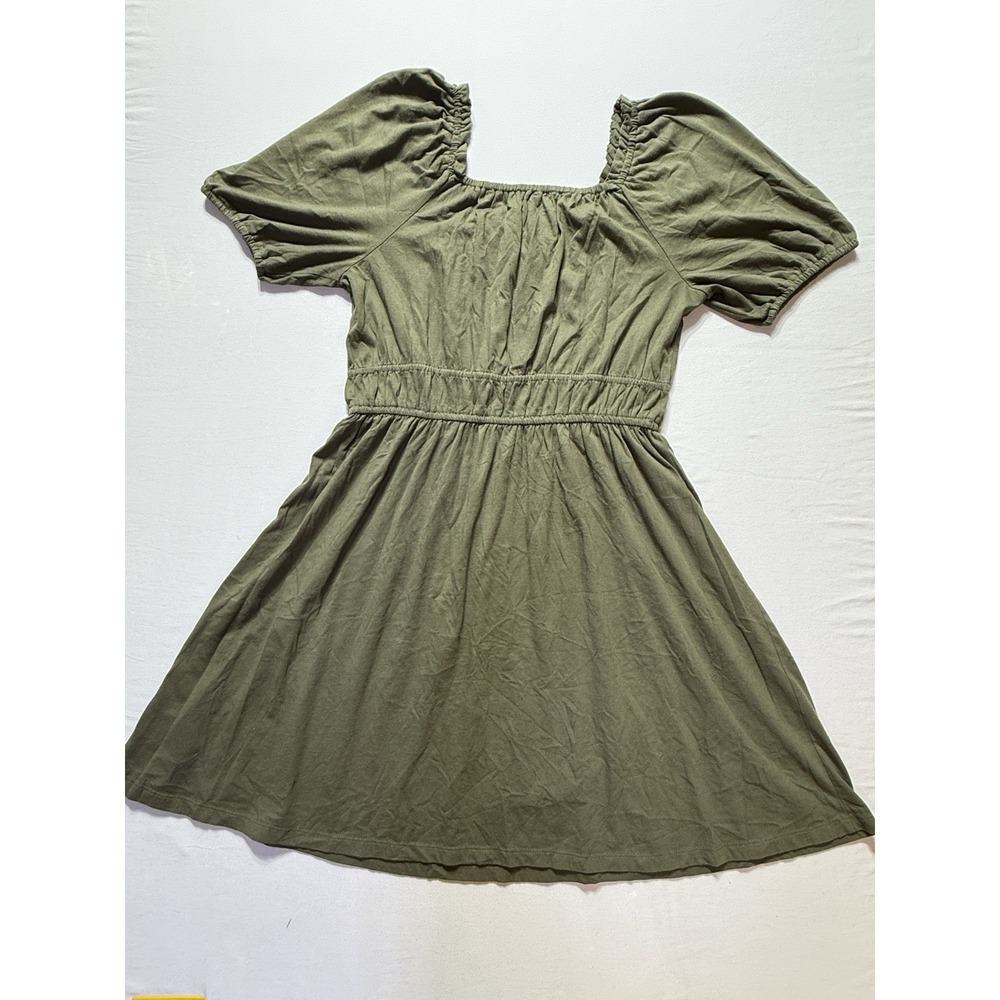 JCrew Womens Green Fit Flare Dress L Short Knit Cotton Square Neck Puff Sleeve - Picture 4 of 6